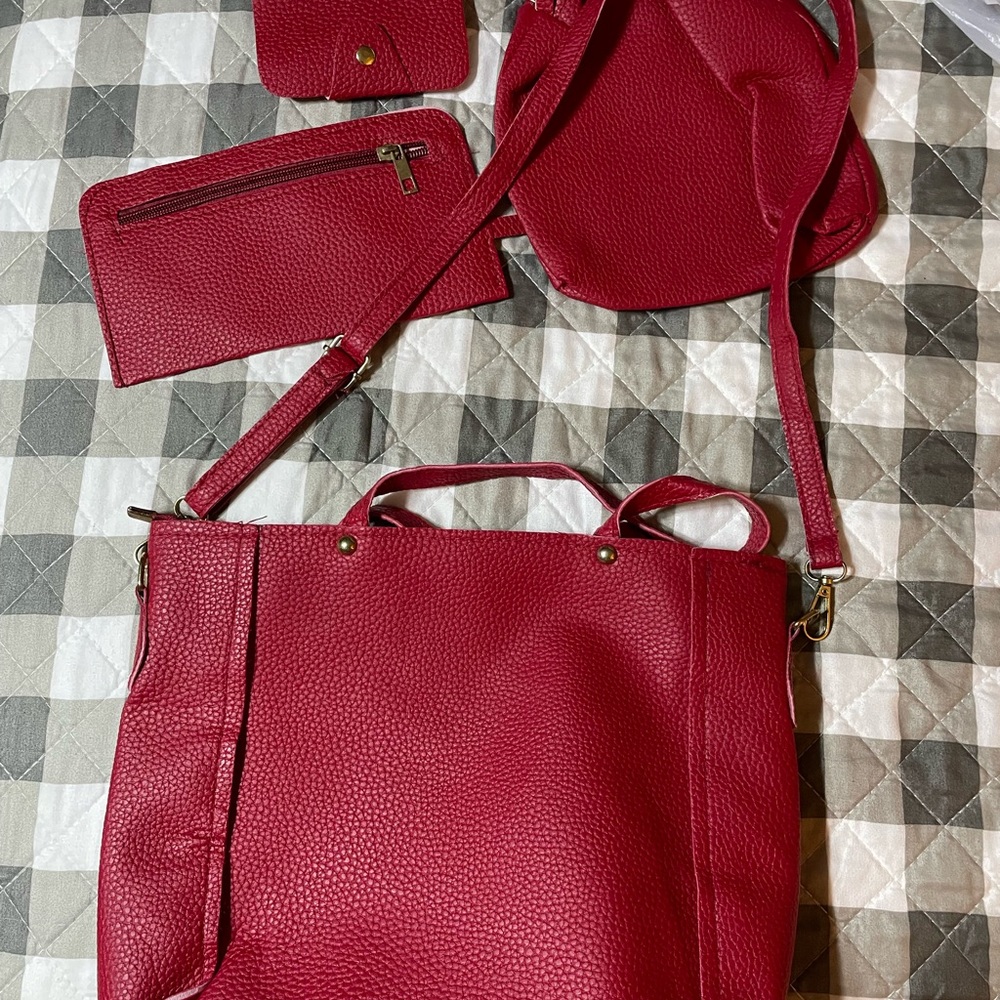 JUNG-PIN Red leather w/strap one compartment wither zippered purse